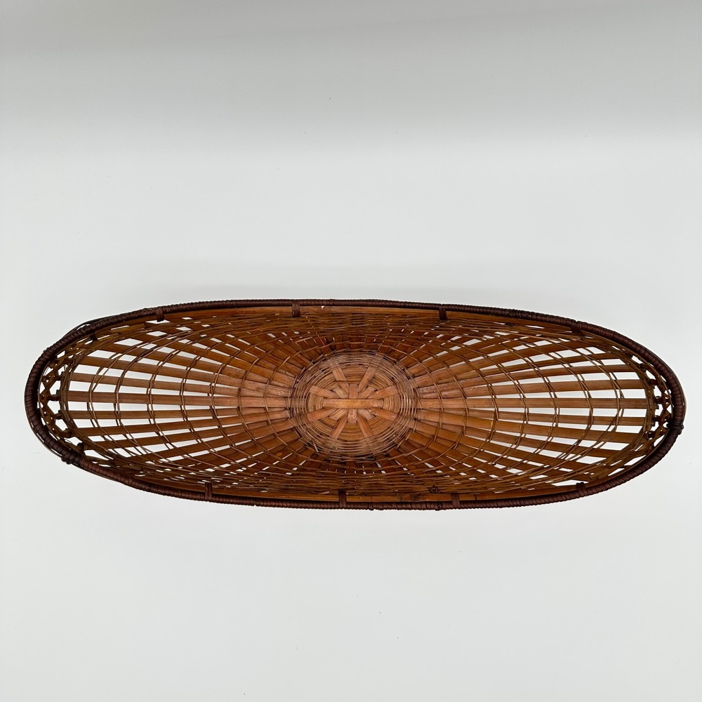 Vintage Bamboo Wicker Boat Basket 17in Brown MCM Fruit Centerpiece Bowl